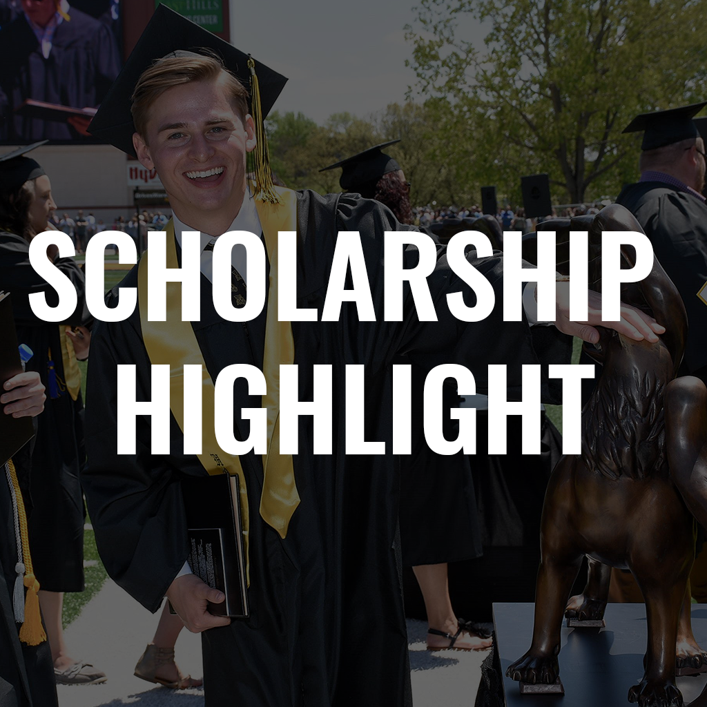 scholarship highlight cover with a graduate touching the griffon statue in the background