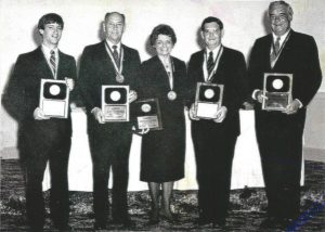 1983 Alumni Award recipients Dr. Alvin Liberman '36, Christel Marquardt '70, Dale Maulin '71, David Morton '42 and Blaine Yarrington '37
