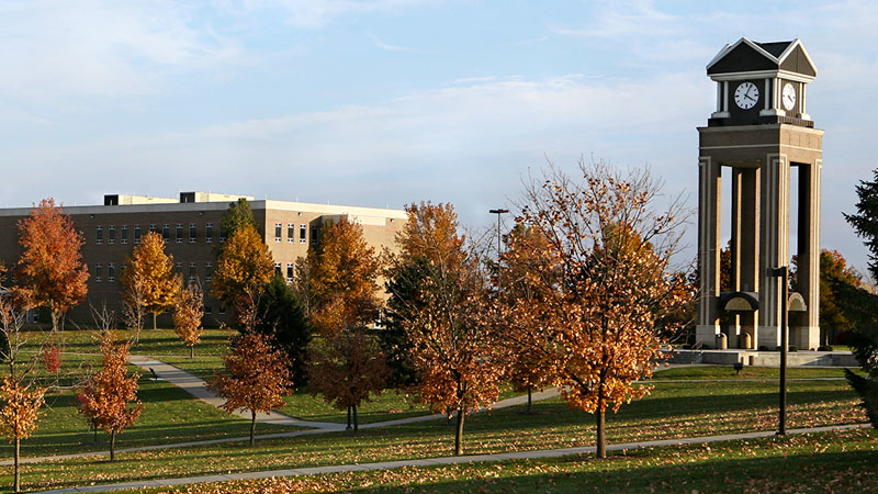 Missouri Western campus - clock tower and Murphy Hall with fall colors