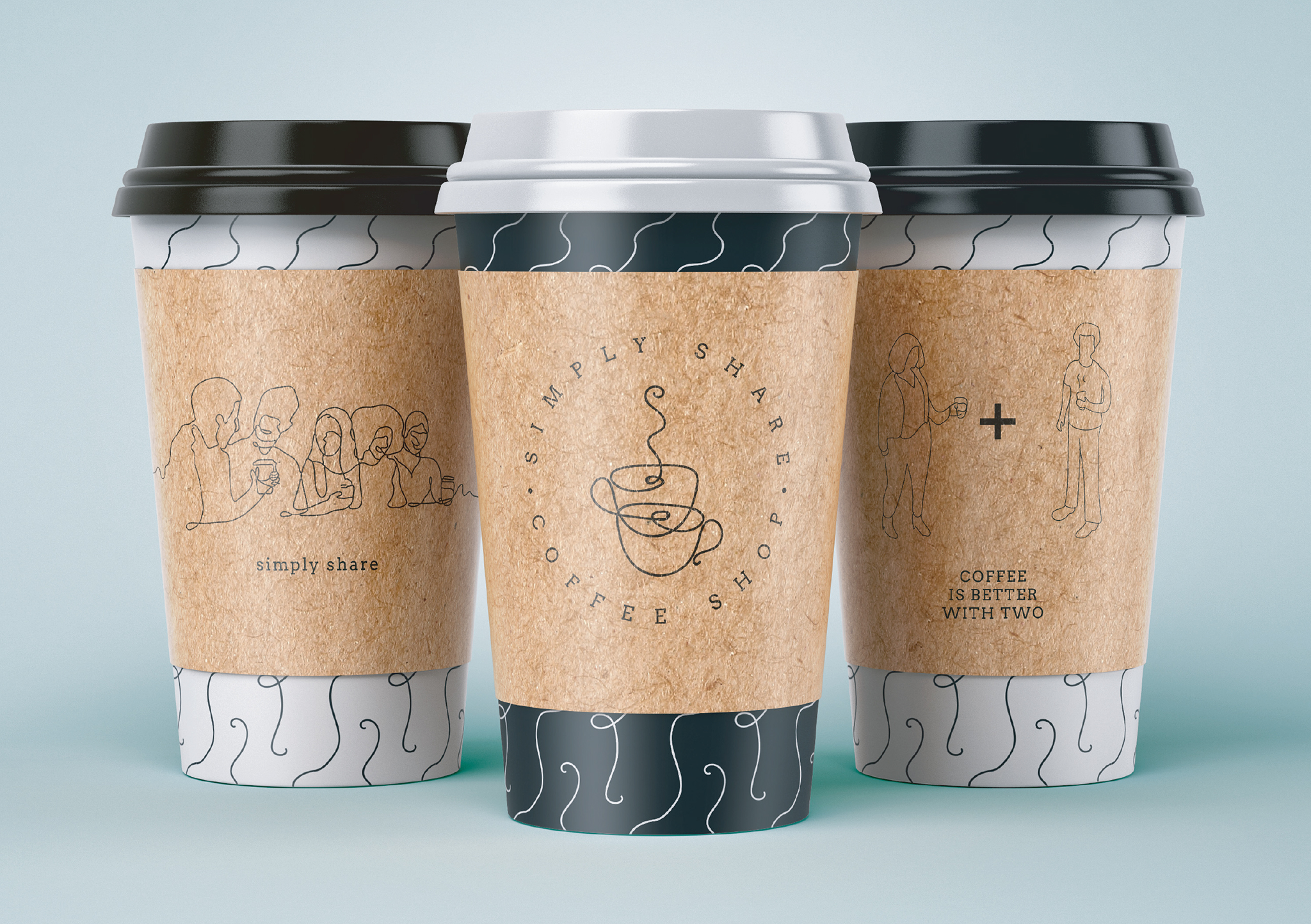 3 disposable coffee cups with designs on a green background
