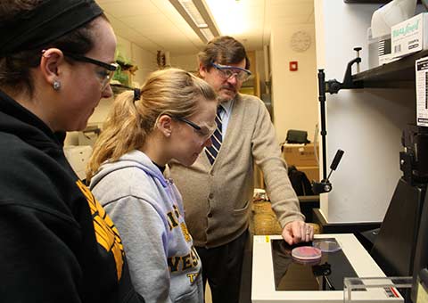 Two students and an instructor examine a petri dish