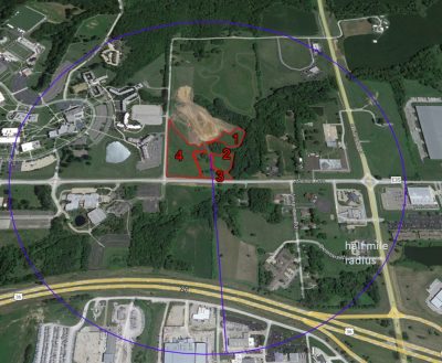 map showing half-mile radius from burn site