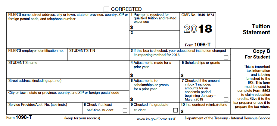 Blank Sample of the 2018 Form 1098-T