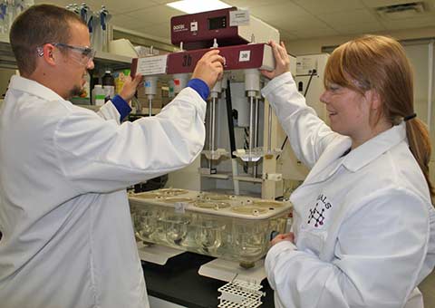 Two students working in the chemistry lab