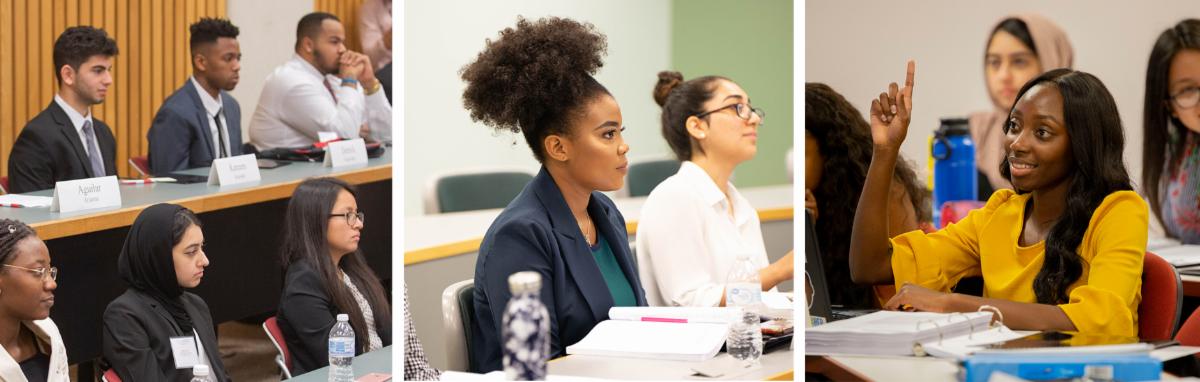 three images of students in law classroom settings