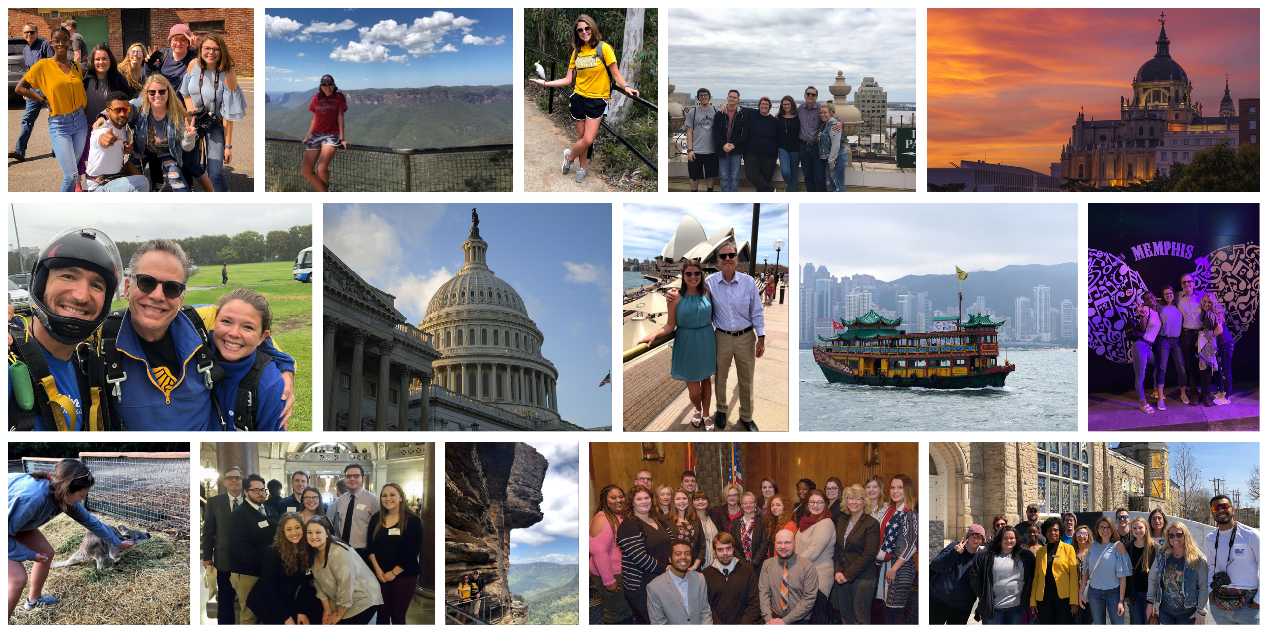 a collage of students in various locations participating in the study away program