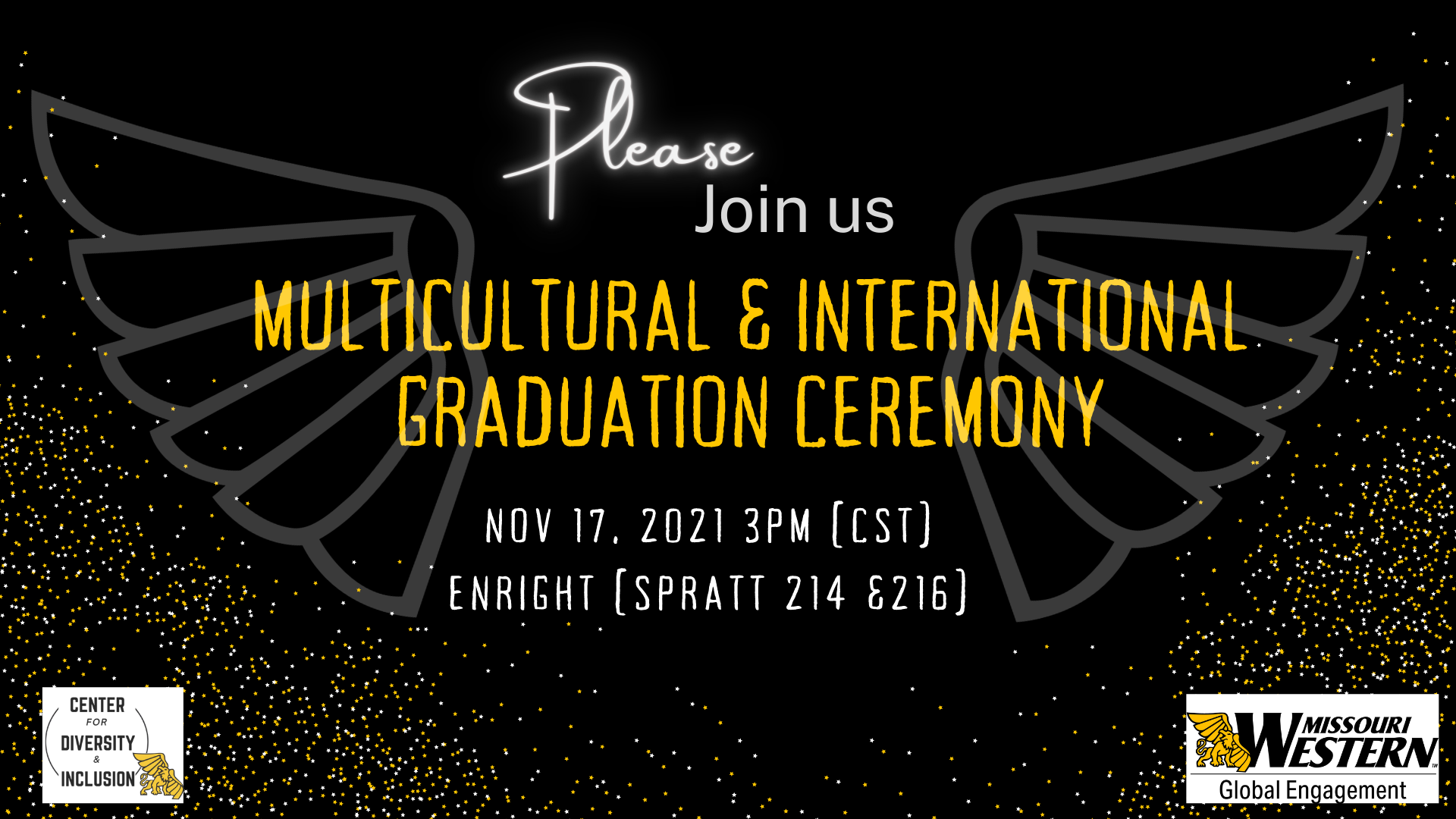 Multicultural and International graduation ceremony flyer with a design of wings in the background