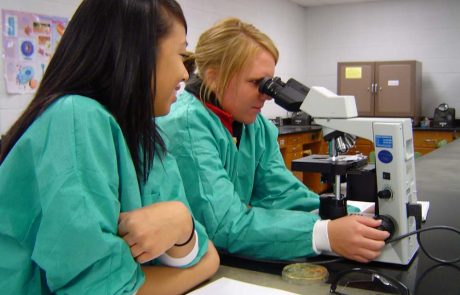 MWSU biology students in the lab - with microscope