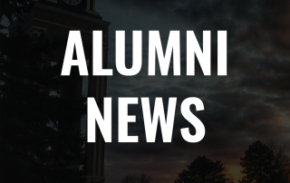 text that reads alumni news with the clocktower on a cloudy day