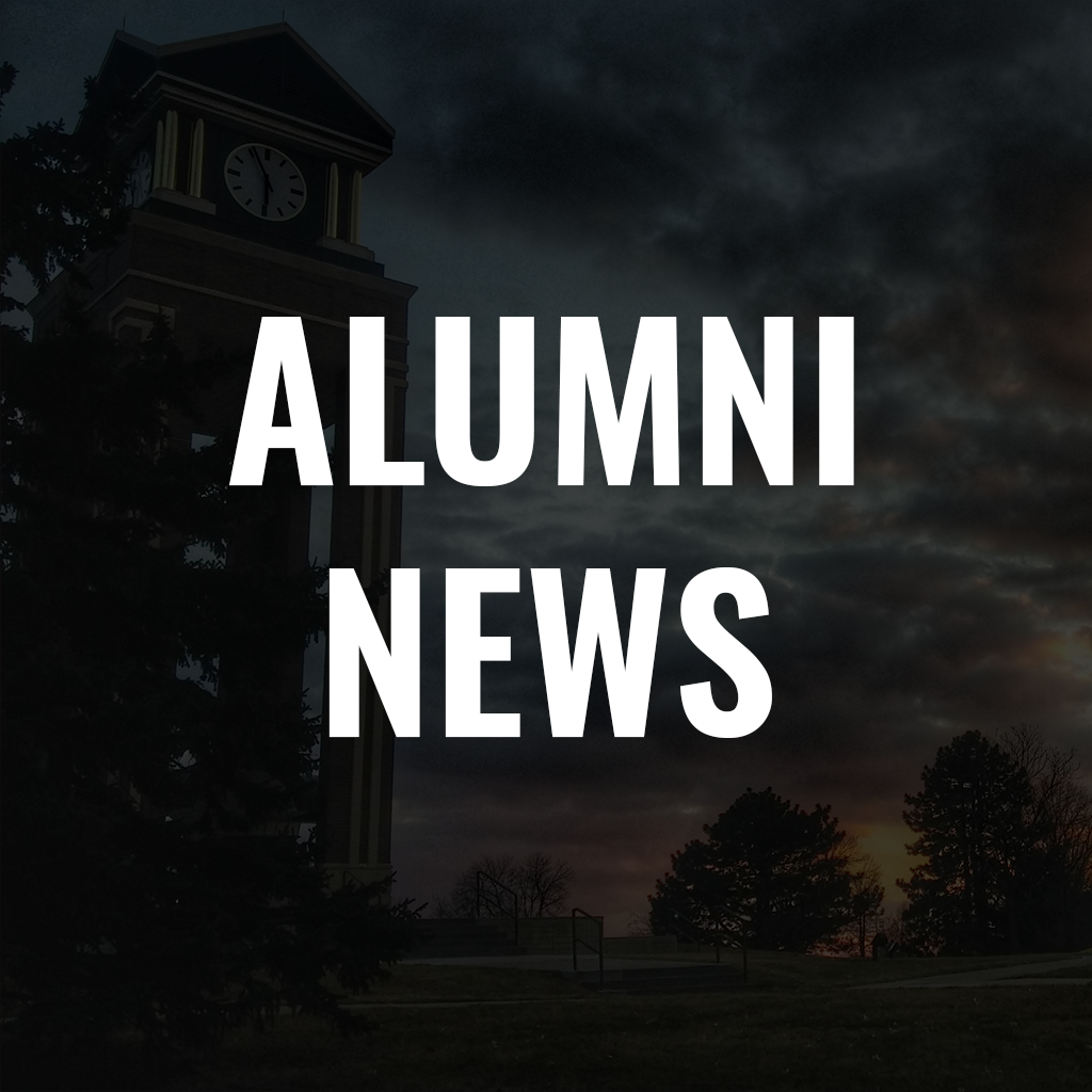 text that reads alumni news with the clocktower on a cloudy day
