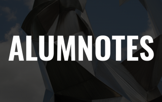 text that says alumnotes with the origami griffon in the background AKA the next 100 years... statue