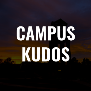 text that reads campus kudos with the clocktower in the sunset