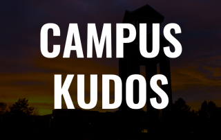 text that reads campus kudos with the clocktower in the sunset