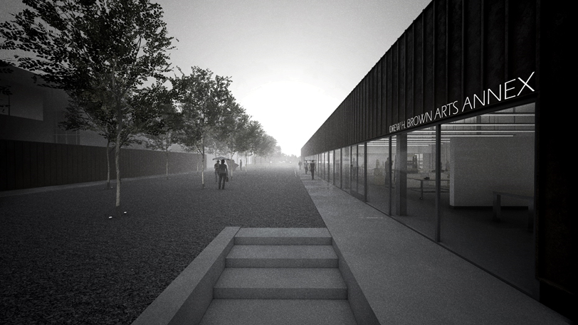 Architect's rendering of "Drew H. Brown Arts Annex," a glass-front building