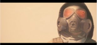 a person wearing a gas mask looks at the camera in a still from "The Eclipse."