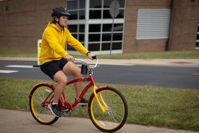 riding bike on campus