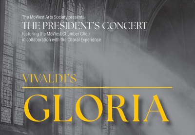 black and white image of light streaming through stained glass windows with concert information