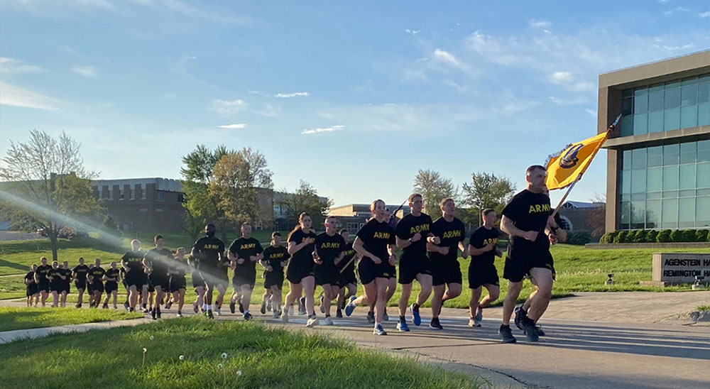 Military students jogging on campus