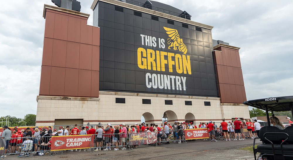 Outdoor shot of building with "This is Griffon Country" on the side of it