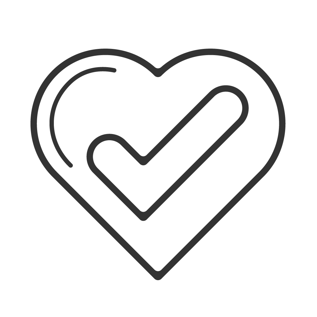 a grey icon of a check mark with a heart around it