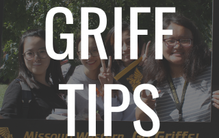 words griff tips on top of students posing and smiling inside an oversized missouri western photo frame that reads missouri western go griffs