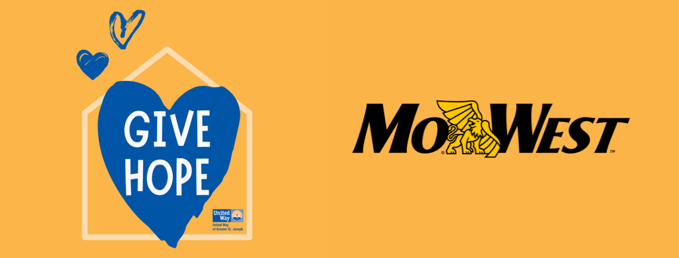 United Way Banner with an orange background and a blue heart that says "Give Hope" with the Black "MoWest" logo