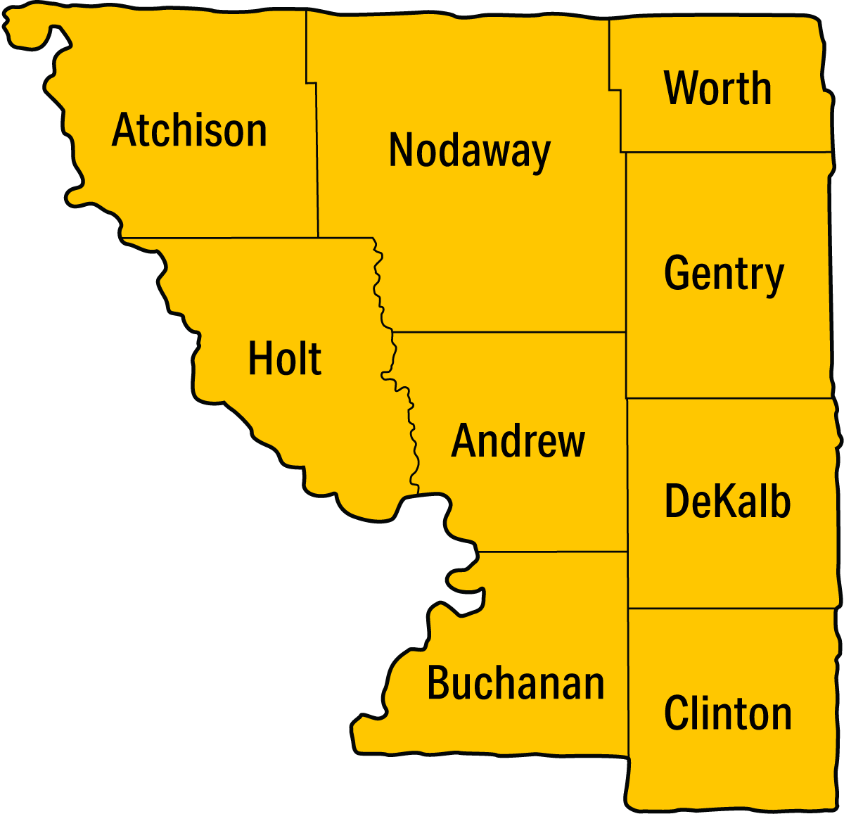 A griffon gold map showing the northwest missouri counties that we service. This includes Atchison, Holt, Nodaway, Andrew, Buchanan, Worth, Gentry, DeKalb and Clinton